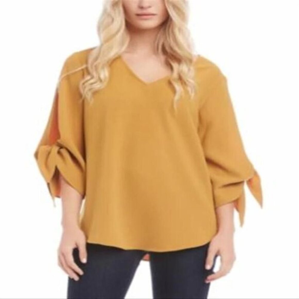 Karen Kane Women's‎ Amber Wave Tie Sleeve V-Neck Blouse Top, Size Large, Mustard